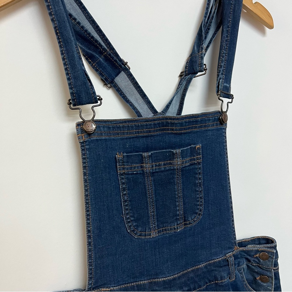 Y2K Vintage Overalls Short Dark Wash Distressed Denim Wax Jeans Large - Picture 2 of 10